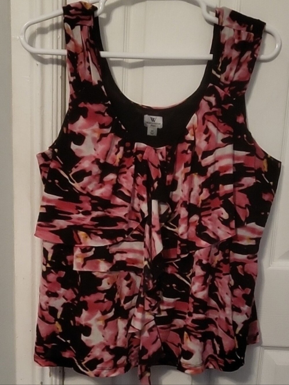 Worthington Black and Pink Abstract Ruffled Tank